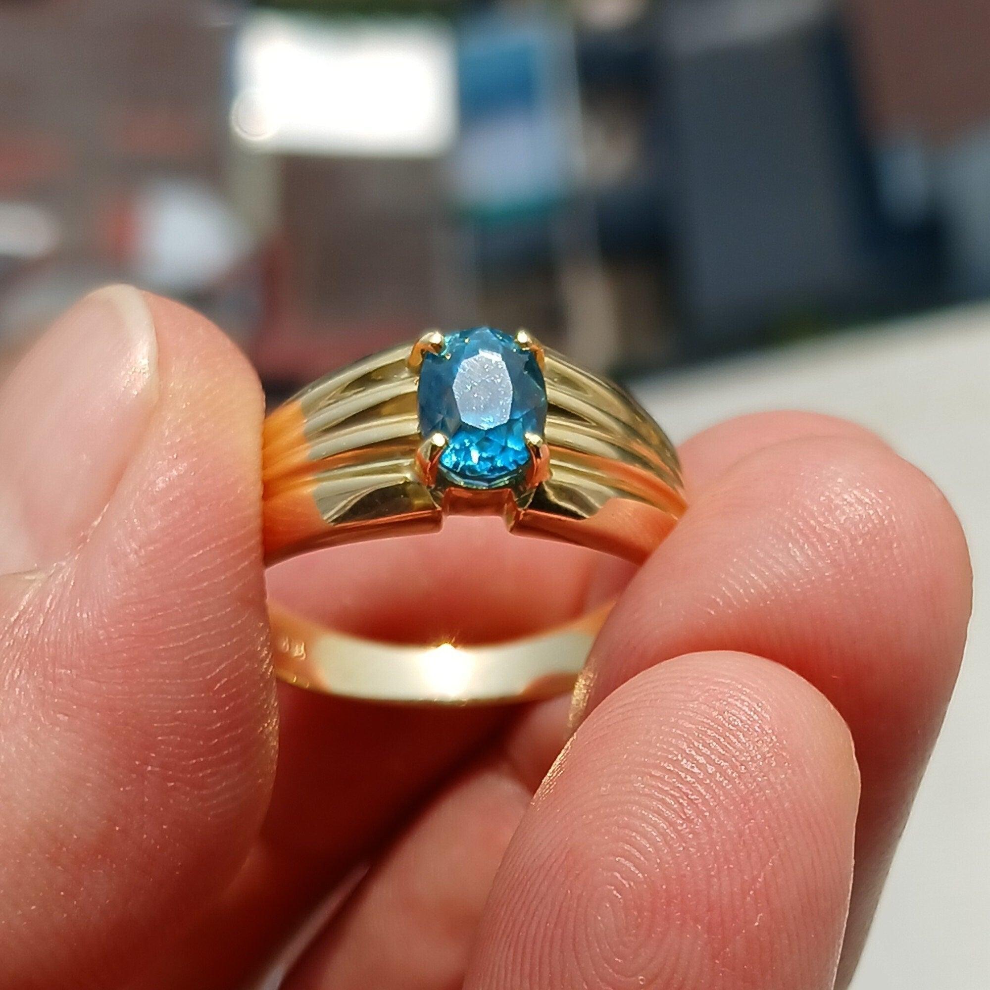 18K Yellow Gold Ring, Blue Zircon Gold Ring, Men's 18K Gold Ring, Men's Ring, oval Blue Zircon, Minimalist Gold Ring, Gift for Him - Size 13 - Von Günther zu Wind18K yellow gold ring